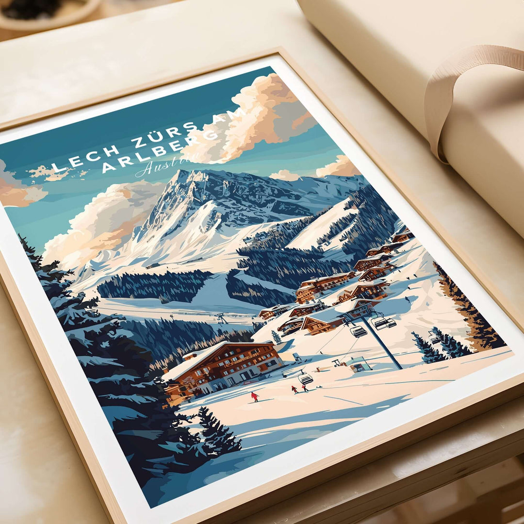 Lech Zürs am Arlberg ski print showcasing snowy slopes and alpine scenery in a framed artwork. Perfect for ski enthusiasts.