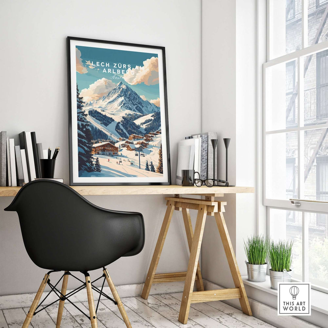 Lech Zürs am Arlberg ski print showcased in a stylish home office setting with modern decor and natural light.