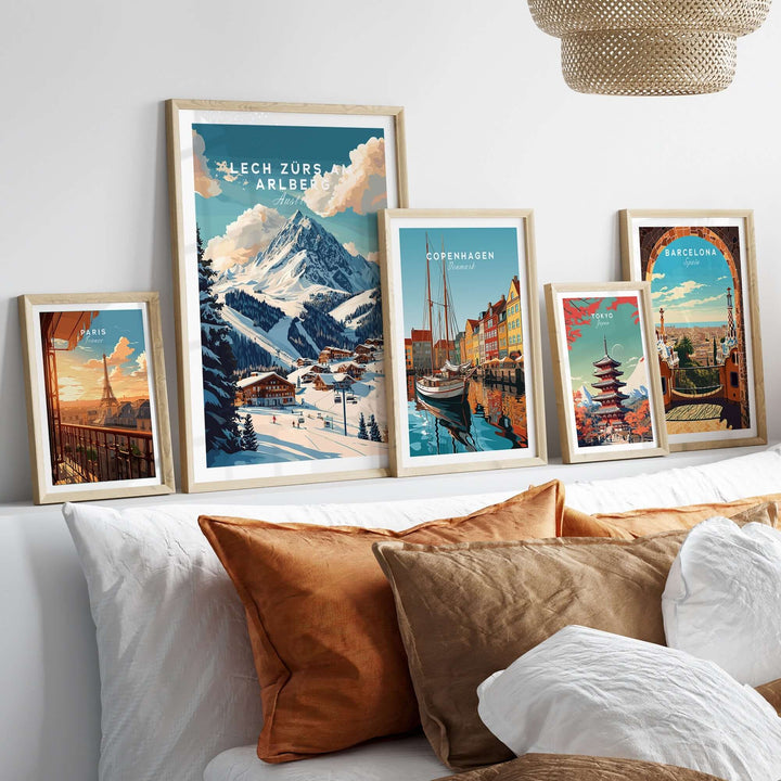 Lech Zürs am Arlberg ski print displayed among framed travel art in a cozy living room setting.