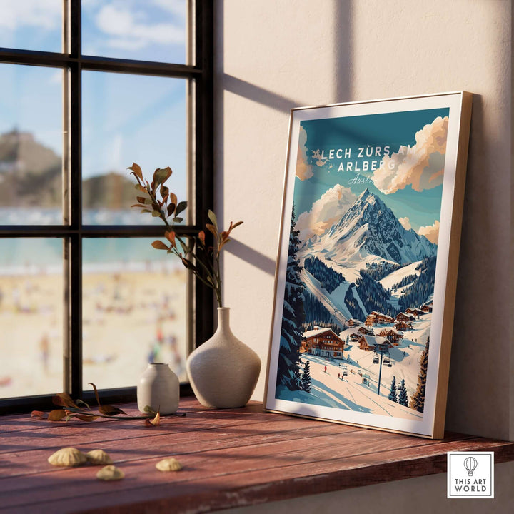 Lech Zürs am Arlberg ski print displayed in a cozy interior, showcasing snowy Alps and charming village scenery.