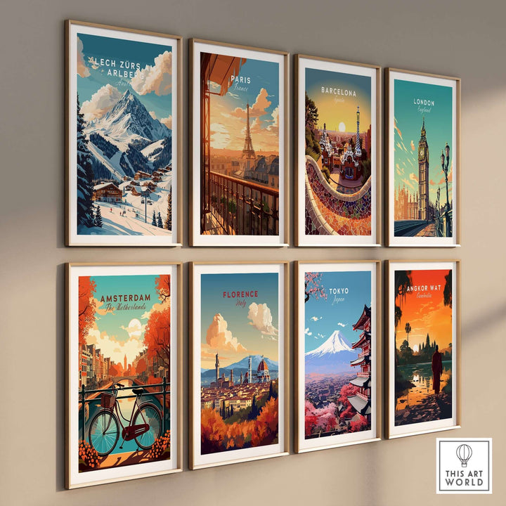 Nine vibrant city travel prints including Lech Zürs am Arlberg, Paris, Barcelona, London, and more on a wall.