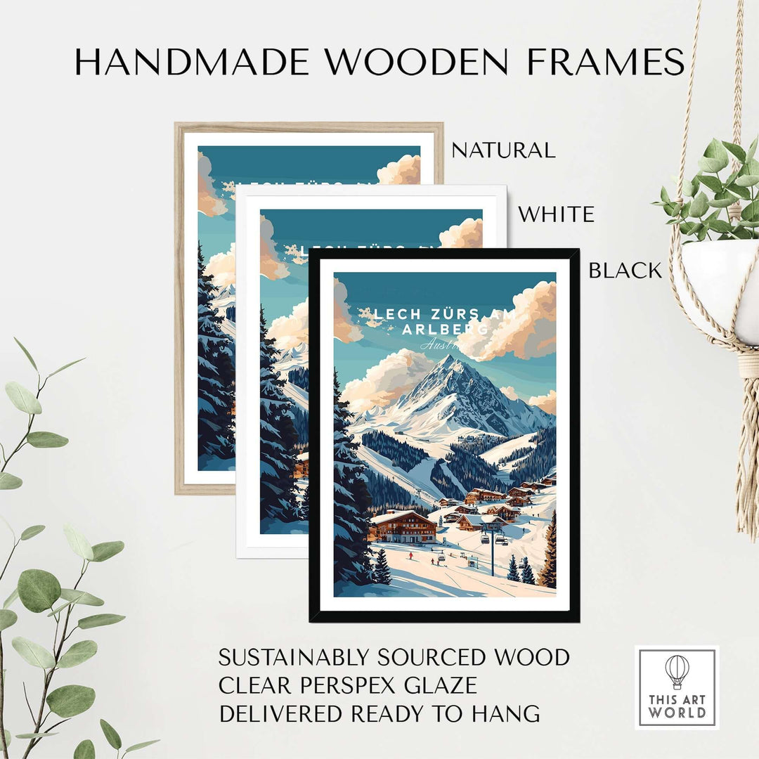 Handmade wooden frames in natural, white, and black, showcasing Lech Zürs ski print, sustainably sourced and ready to hang.