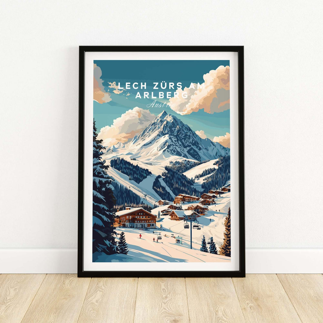 Lech Zürs am Arlberg ski print showcasing snowy slopes and mountain views, perfect for ski enthusiasts and decor lovers.