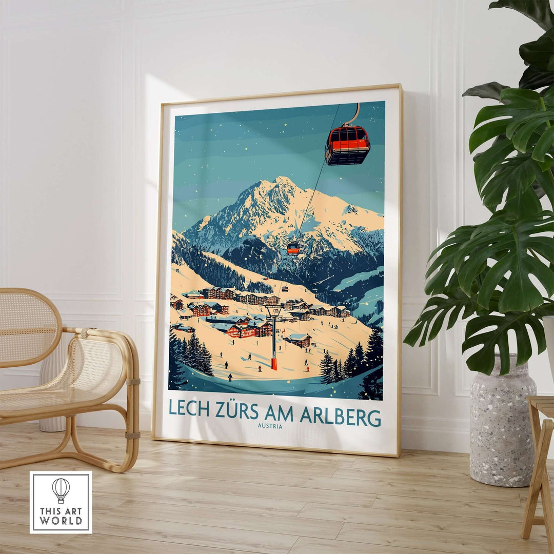 Lech Zürs am Arlberg ski wall art poster featuring a scenic mountain view and ski lift, perfect for home decor.