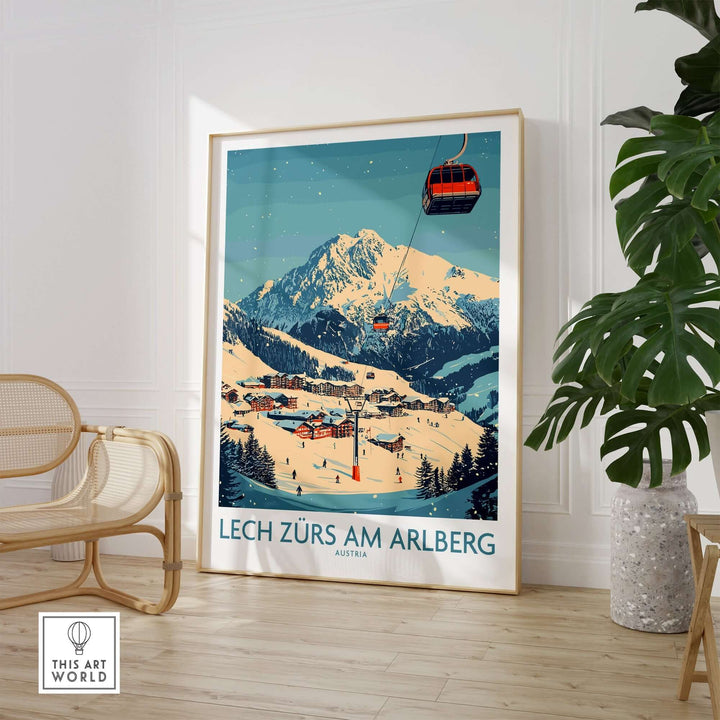 Lech Zürs am Arlberg ski wall art poster featuring a scenic mountain view and ski lift, perfect for home decor.