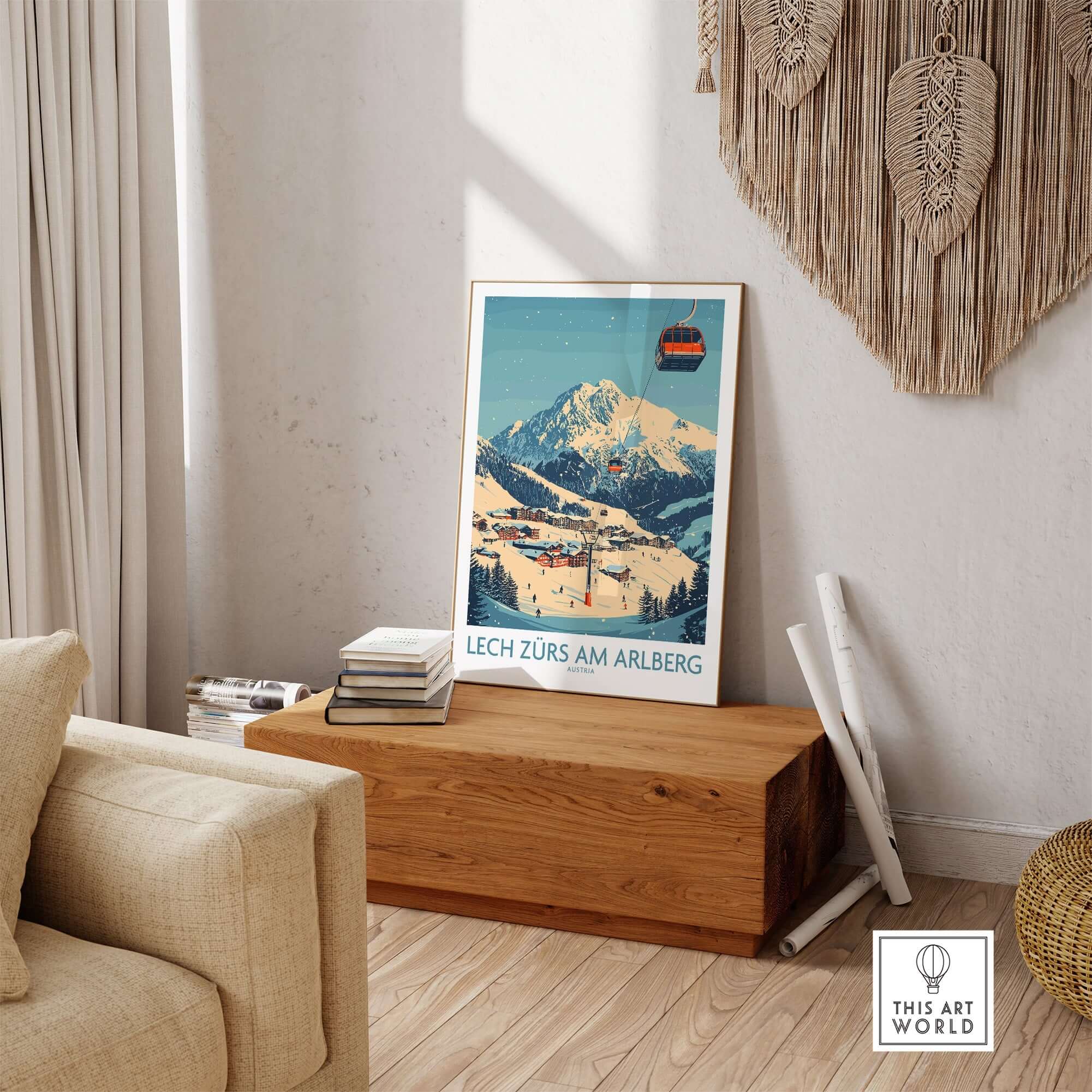 Lech Zürs am Arlberg Ski Wall Art Poster displayed in a stylish living room setting, showcasing stunning mountain views.