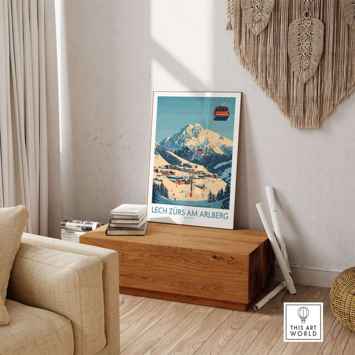 Lech Zürs am Arlberg Ski Wall Art Poster displayed in a stylish living room setting, showcasing stunning mountain views.