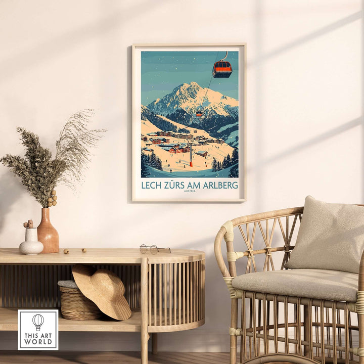 Lech Zürs am Arlberg ski wall art poster displayed in a stylish living room setting. Elegant design showcasing winter scenery.