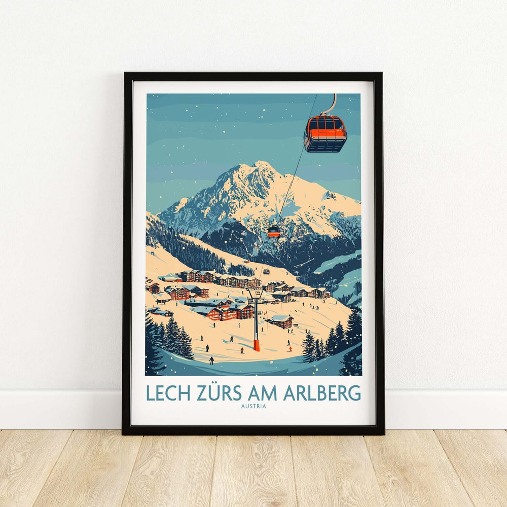 Lech Zürs am Arlberg ski wall art poster featuring snowy mountains and ski lifts in a beautiful landscape.