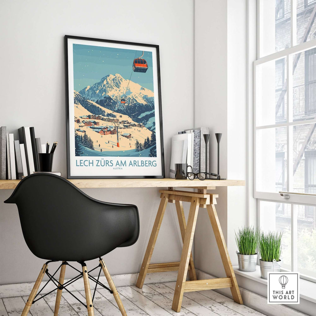 Lech Zürs am Arlberg Ski Wall Art Poster displayed in a cozy home office setting with modern decor.