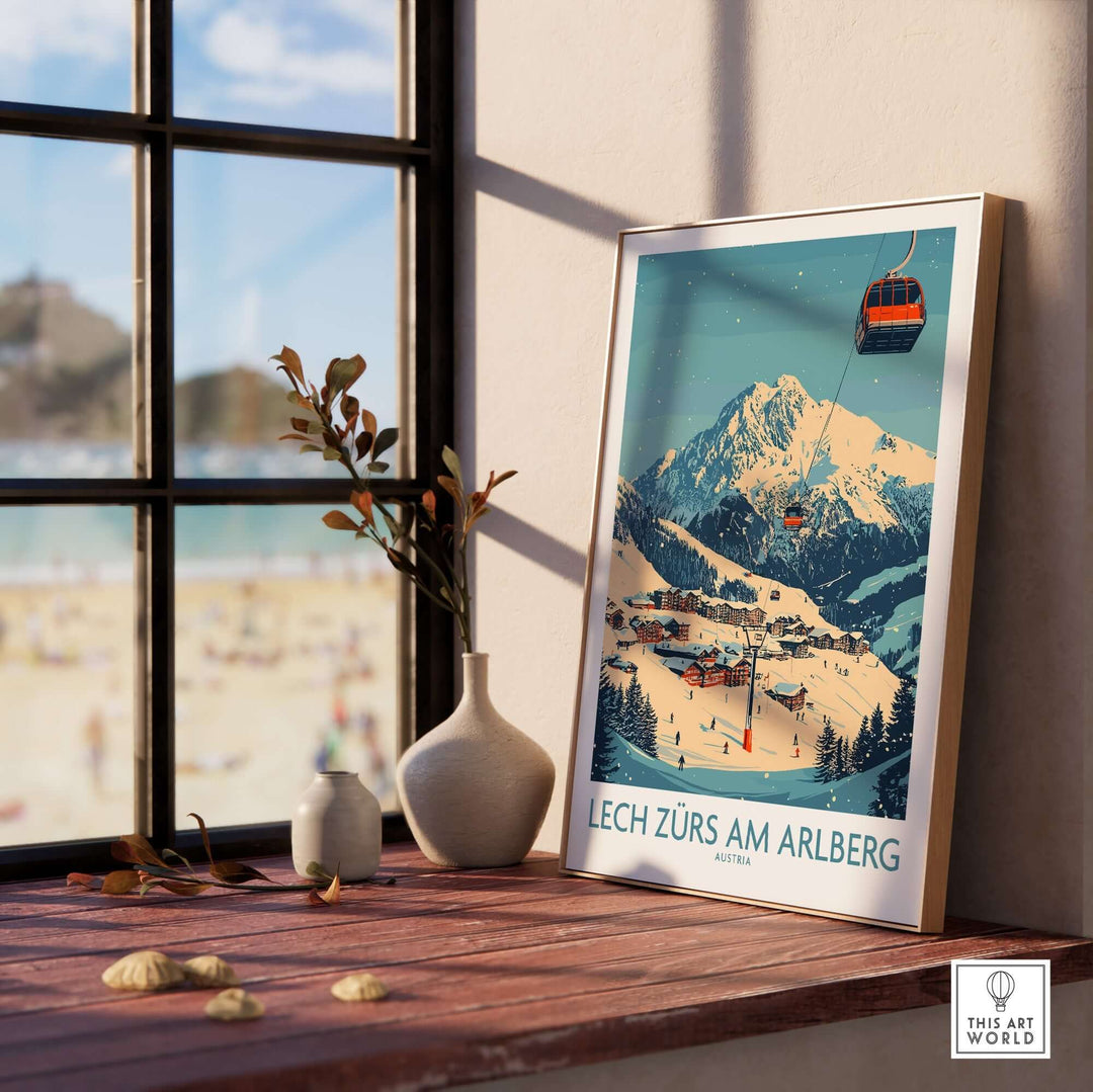 Lech Zürs am Arlberg ski wall art poster displayed in a cozy interior setting with mountains and a ski lift backdrop.