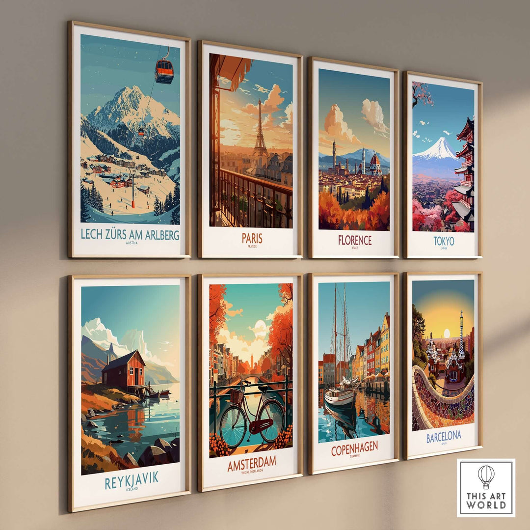 Lech Zürs am Arlberg Ski Wall Art Poster among other cityscape art prints on a stylish wall.