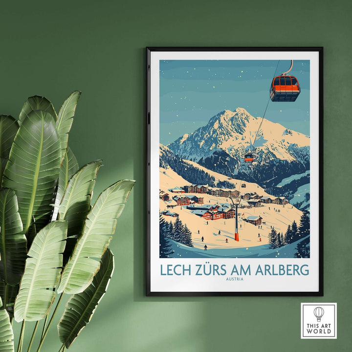 Lech Zürs am Arlberg ski wall art poster featuring scenic mountain views and a ski lift in a stylish frame.