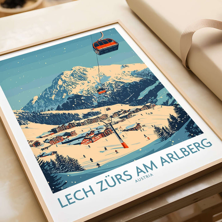 Lech Zürs am Arlberg Ski Wall Art Poster showcasing stunning mountain views and a ski lift, perfect for home decor.