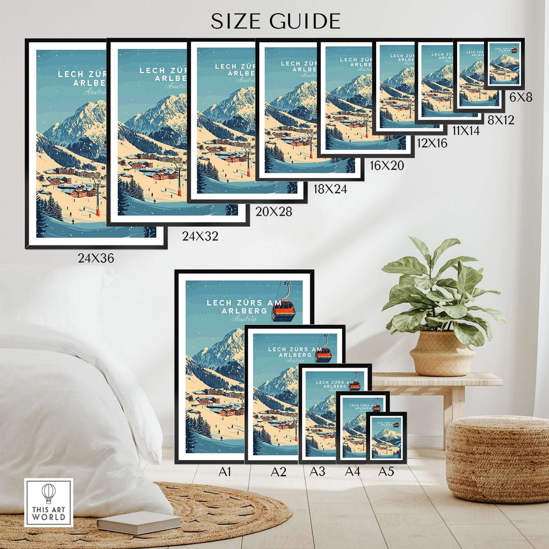 Lech Zürs am Arlberg Ski wall art size guide with various frame dimensions displayed in a cozy living space.