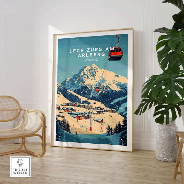 Lech Zürs am Arlberg ski wall art print featuring a ski scene with a gondola and mountains in a stylish interior setting.