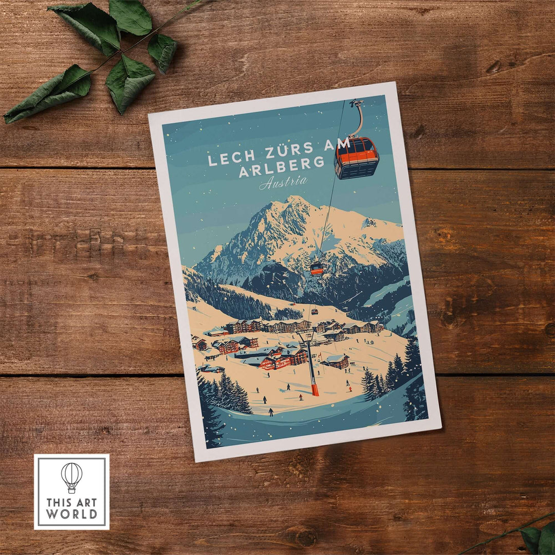 Lech Zürs am Arlberg ski wall art print featuring a cable car and snowy mountain landscape.