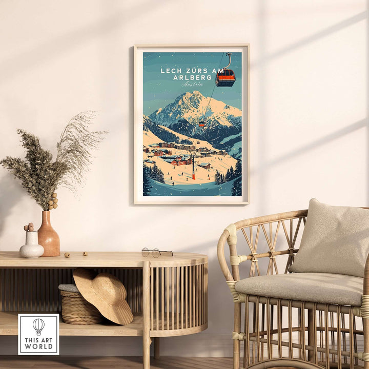 Lech Zürs am Arlberg ski wall art print displayed in a cozy interior setting with natural decor elements.