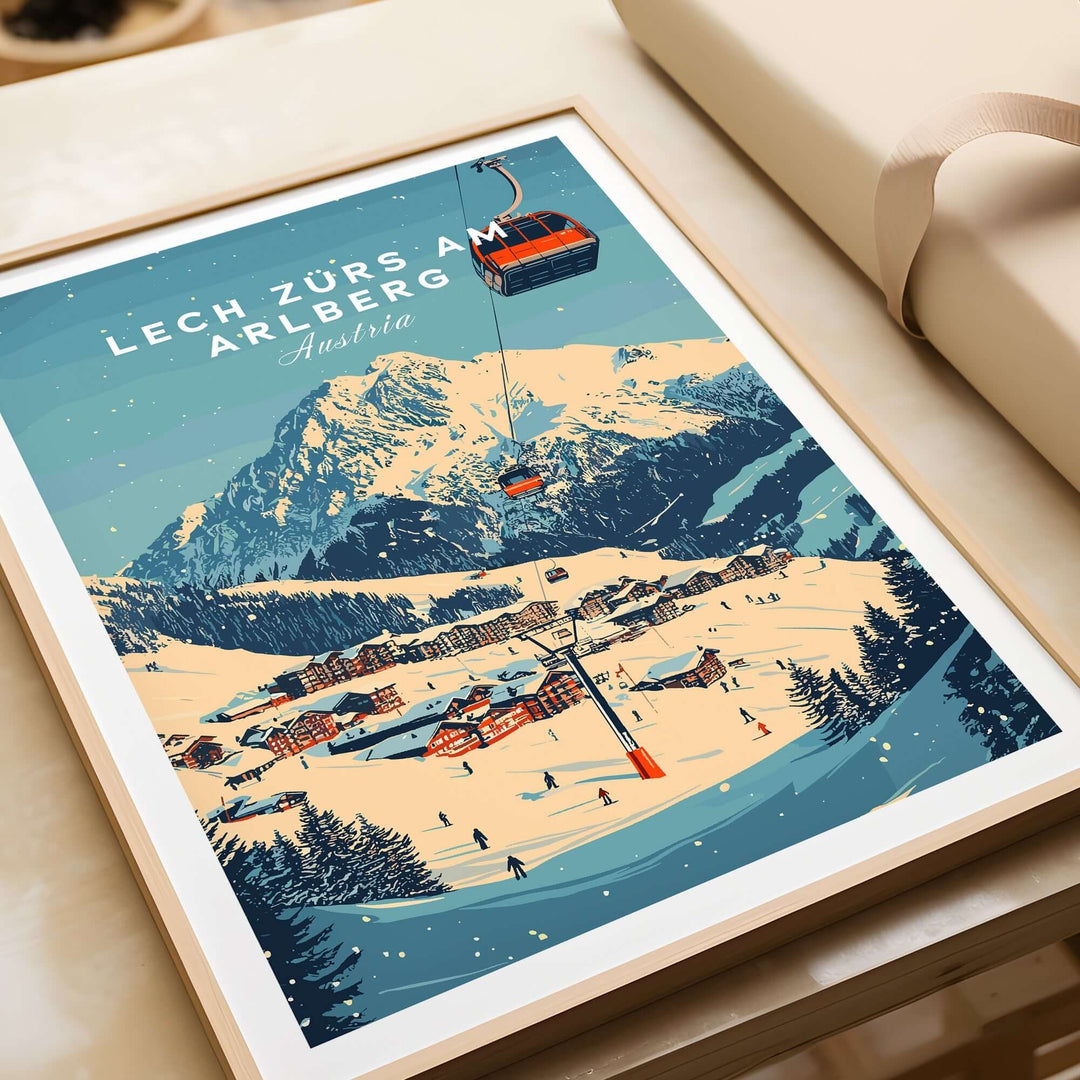 Lech Zürs am Arlberg ski wall art print showcasing a scenic winter landscape and ski lift in Austria.