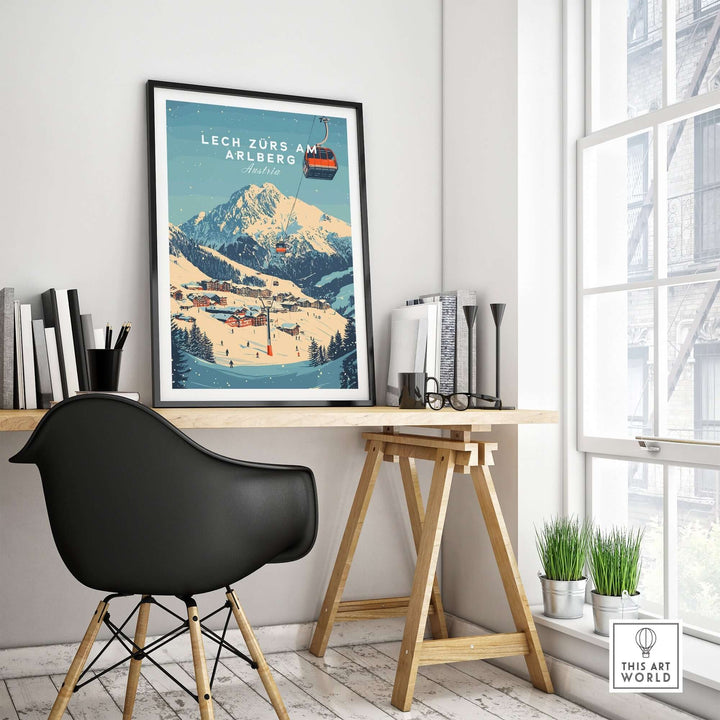 Lech Zürs am Arlberg ski wall art print displayed in a stylish home office setting with a sleek chair and natural light.