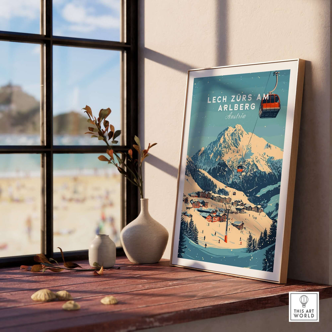 Lech Zürs am Arlberg ski wall art print displayed by a window, showcasing winter scenery and ski lift.