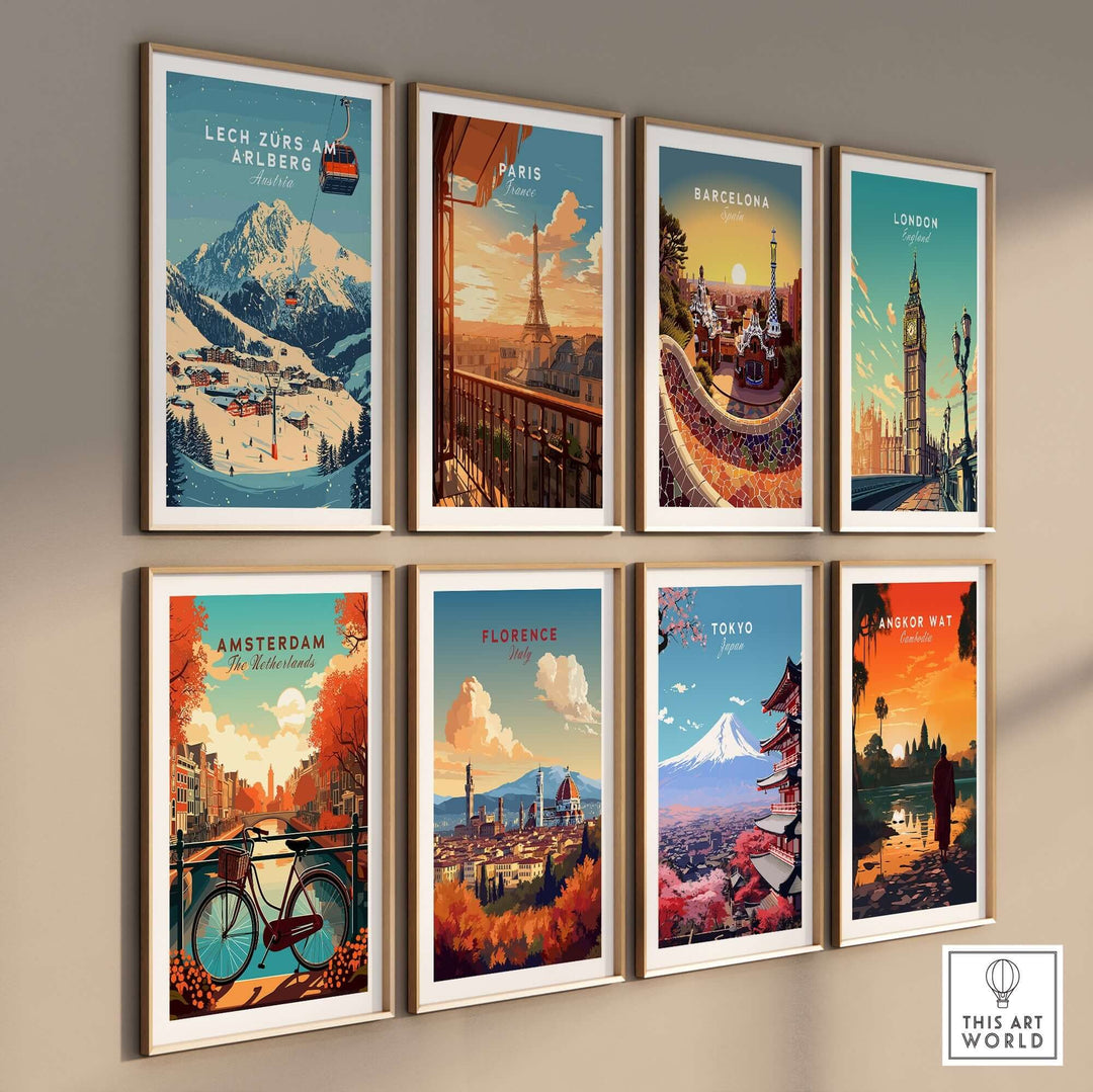 Colorful wall art prints featuring iconic cities like Lech Zürs, Paris, and Tokyo in stylish frames.