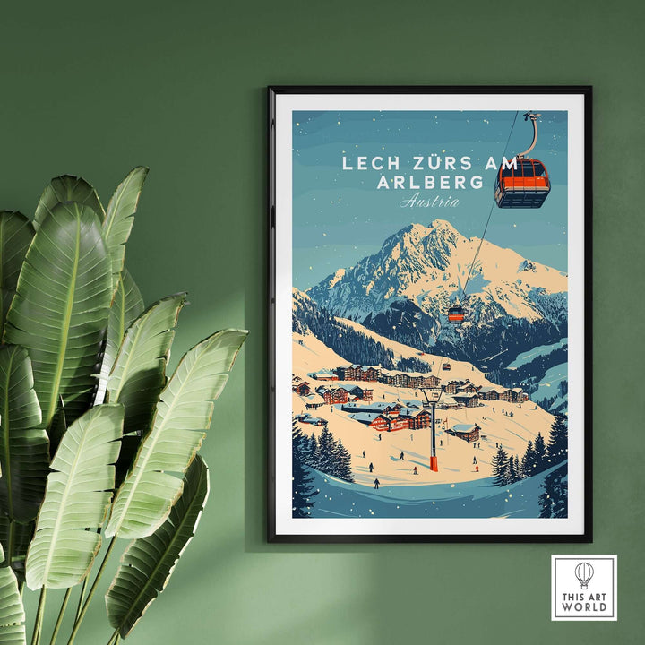 Lech Zürs am Arlberg Ski wall art print featuring ski lifts and a snowy mountain scene in a cozy decor setting.