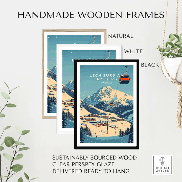 Handmade wooden frames in natural, white, and black for Lech Zürs am Arlberg wall art print, featuring sustainable materials.