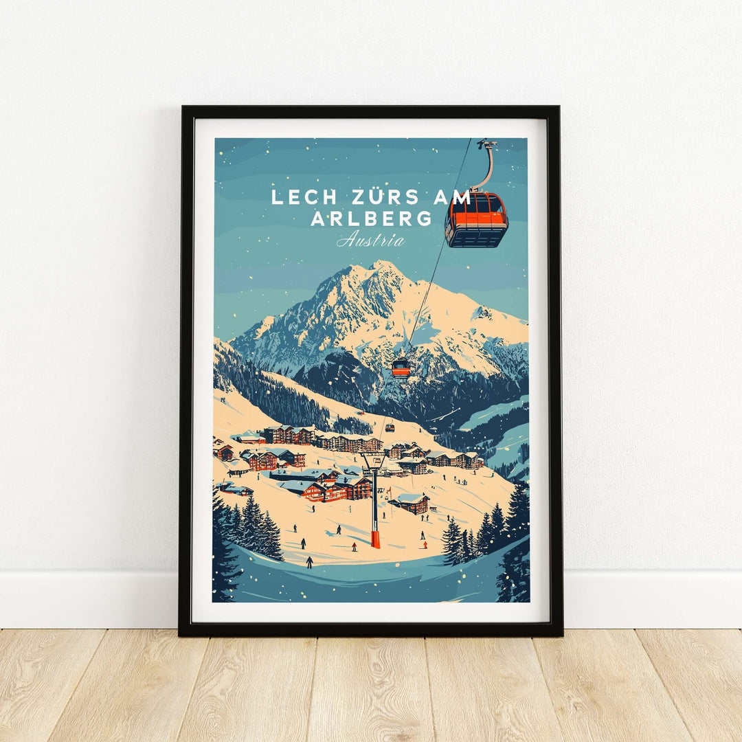 Lech Zürs am Arlberg ski wall art print featuring a ski scene with mountains and gondolas in a stylish frame.