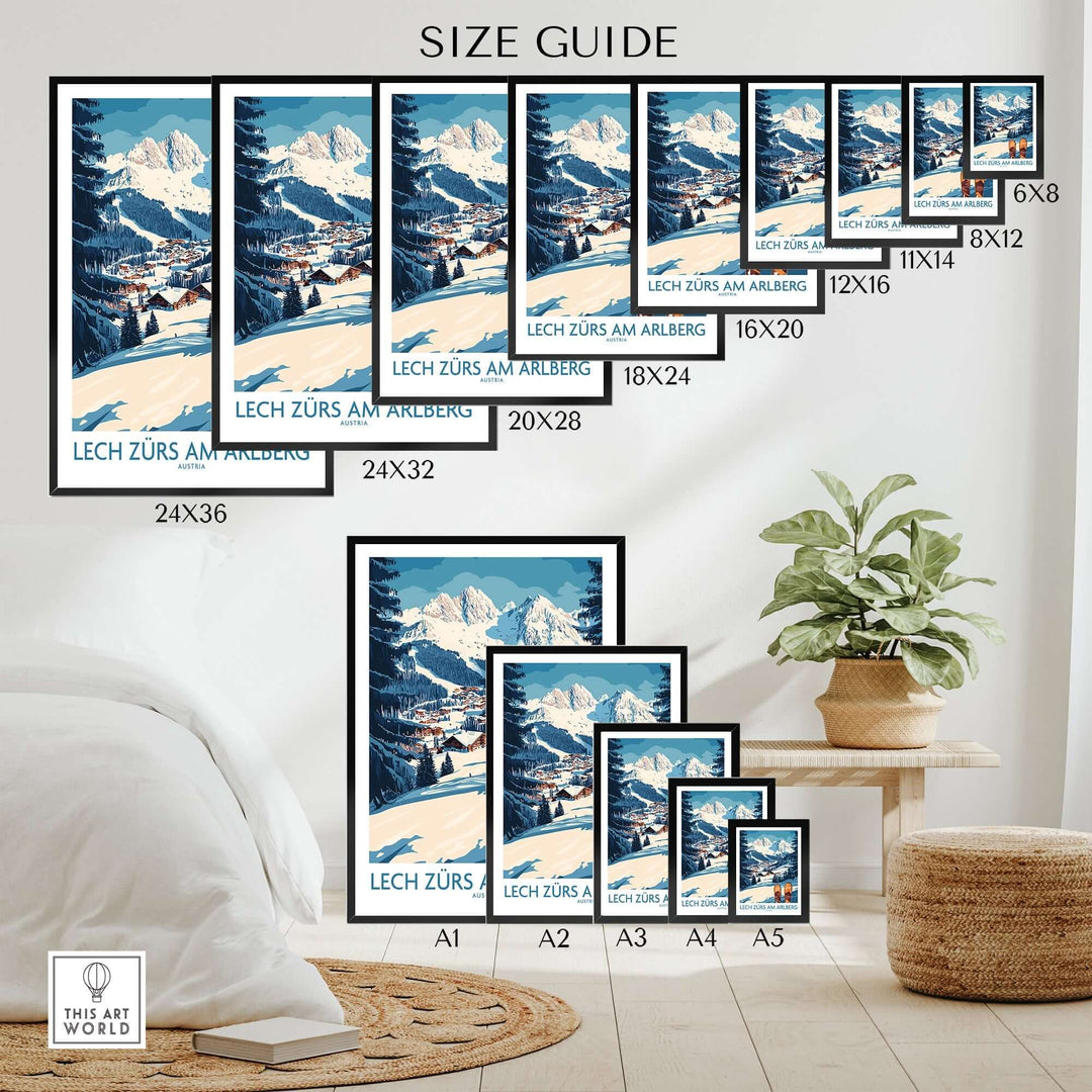 Size guide for Lech Zürs am Arlberg Ski Wall Art Ski Poster displayed in various frame sizes in a cozy living space.