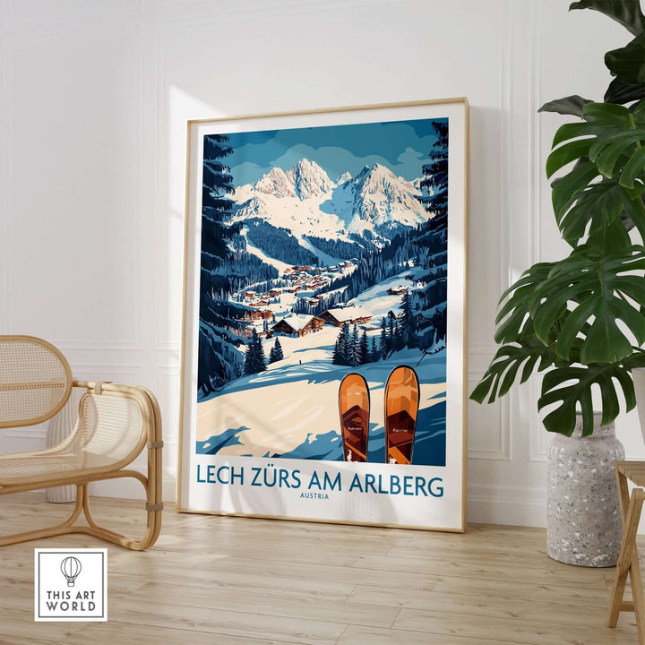 Lech Zürs am Arlberg ski wall art poster showcasing snowy slopes and mountains in a cozy living room setting.