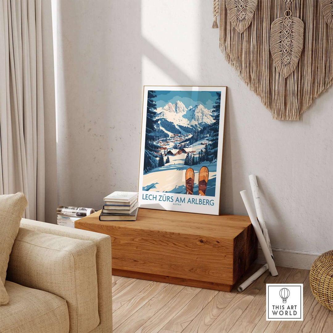 Lech Zürs am Arlberg ski wall art poster displayed in a cozy interior setting with ski equipment and natural decor.