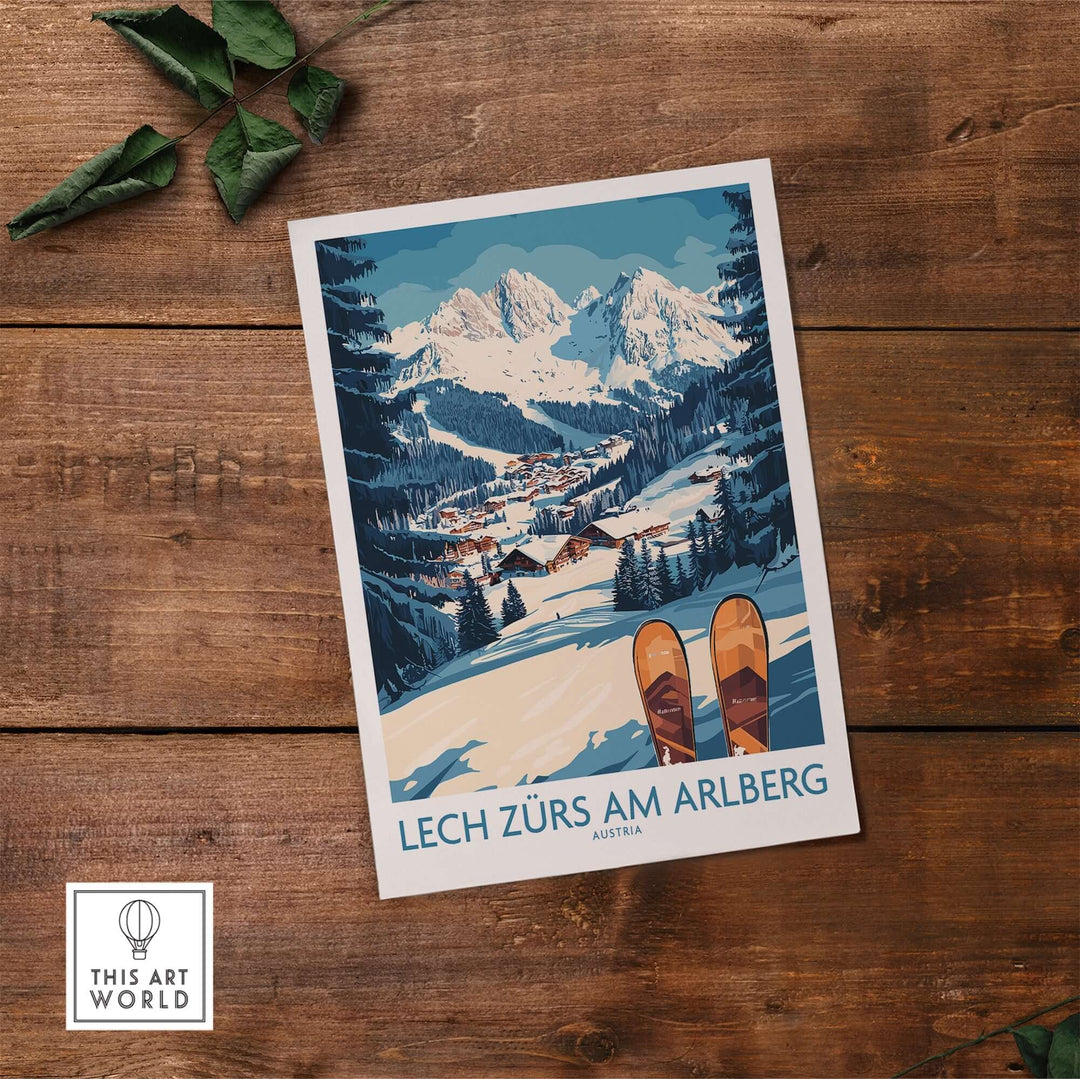 Lech Zürs am Arlberg ski wall art poster featuring snowy mountains and ski slopes in vibrant colors. Perfect for winter decor.