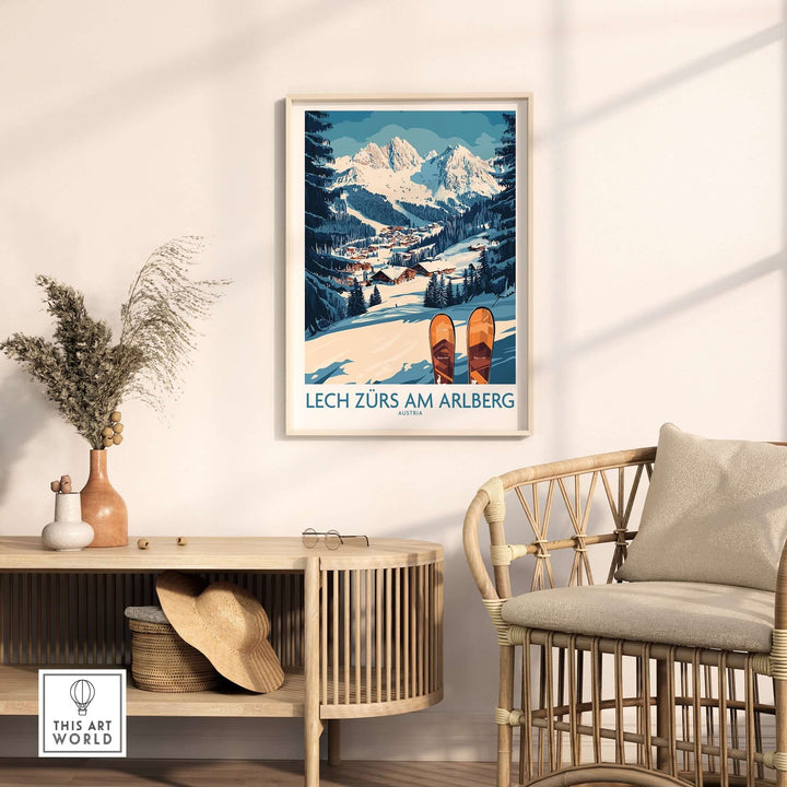 Lech Zürs am Arlberg ski wall art poster featuring snowy mountains and skis in a cozy living room setting.