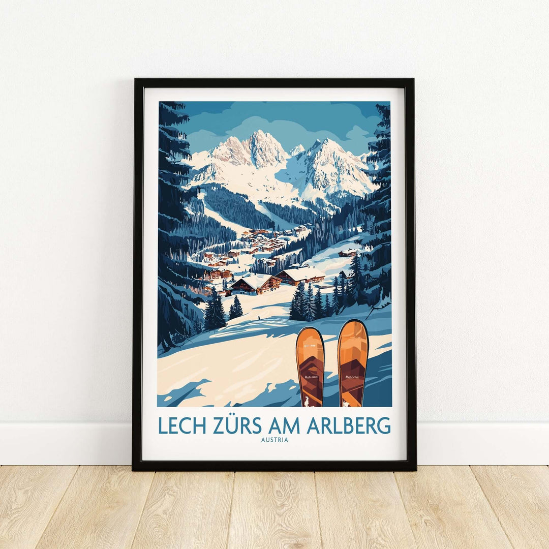 Lech Zürs am Arlberg ski wall art poster featuring snowy mountains and winter landscape in a stylish frame.