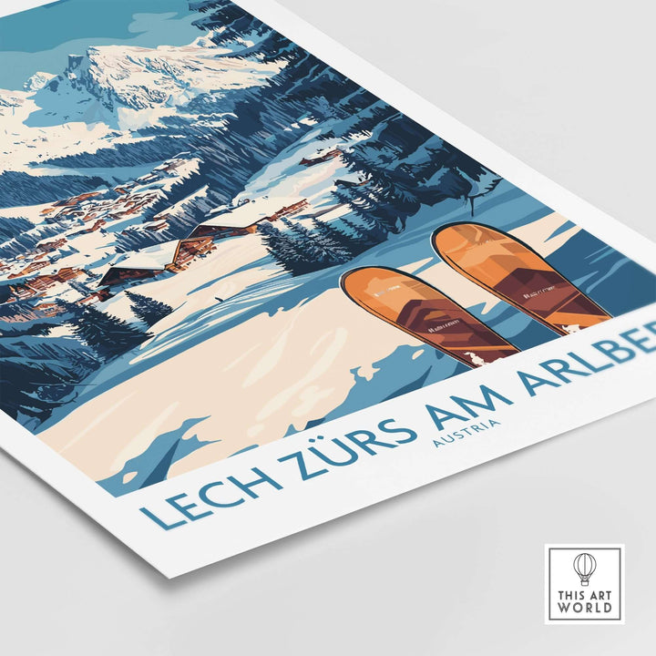 Lech Zürs am Arlberg ski wall art poster featuring vibrant alpine scenery and ski equipment. Perfect for winter decor.