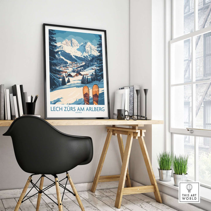 Lech Zürs am Arlberg Ski poster displayed in a stylish room with a desk and chair, perfect for winter decor.