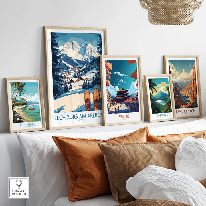 Lech Zürs am Arlberg ski wall art poster among framed travel-themed prints in a stylish home decor setting.