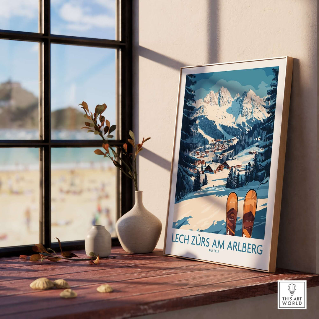 Lech Zürs am Arlberg Ski Wall Art poster displayed in a bright interior with a view of the Alps and ski slopes.