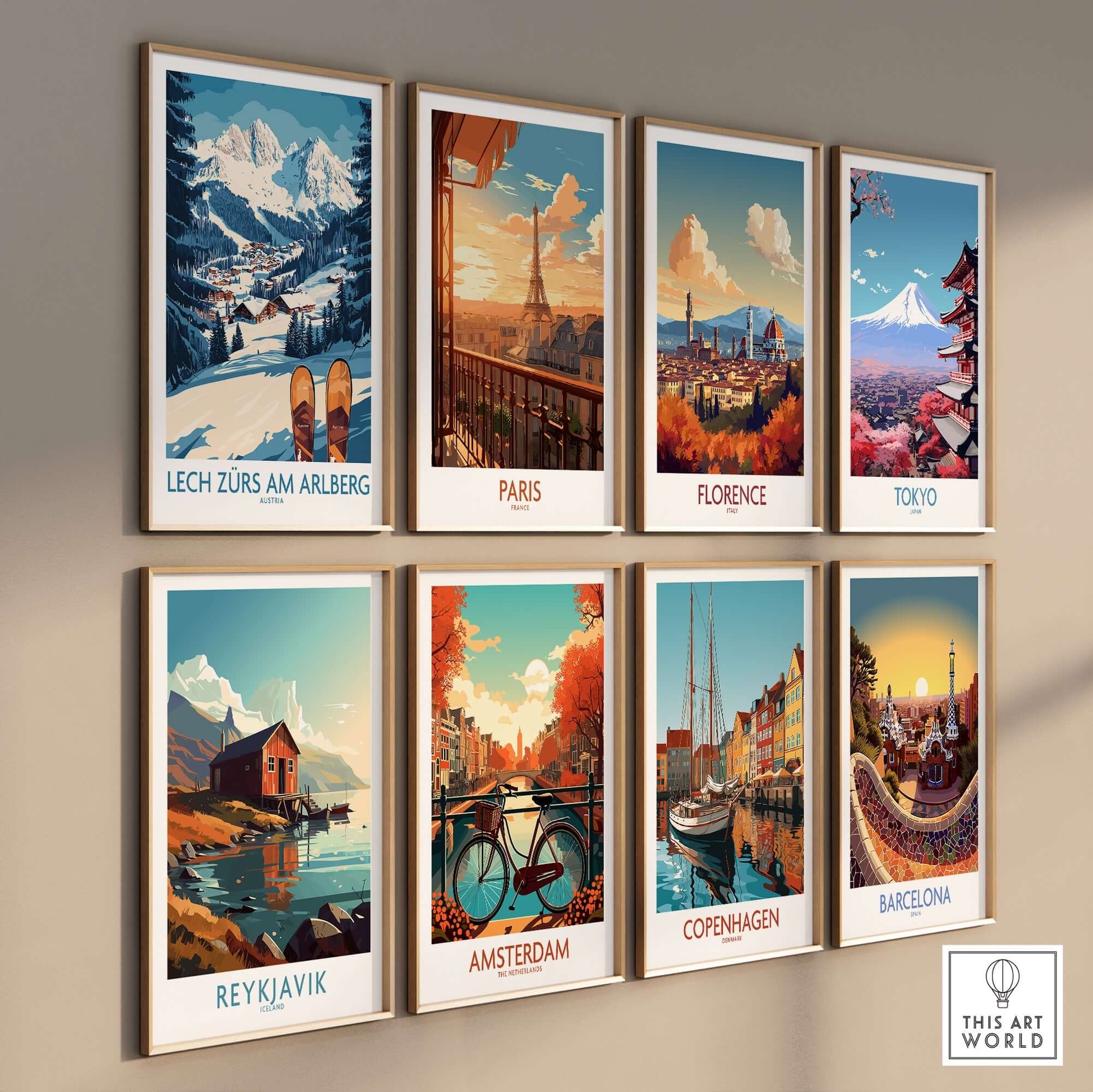 Gallery of travel-themed wall art posters featuring Lech Zürs, Paris, Florence, Tokyo, Reykjavik, Amsterdam, Copenhagen, and Barcelona.