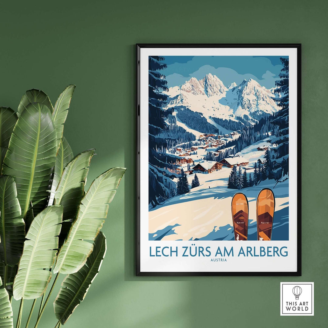 Lech Zürs am Arlberg ski wall art poster showcasing snowy slopes and mountains in Austria, framed with lush greenery.