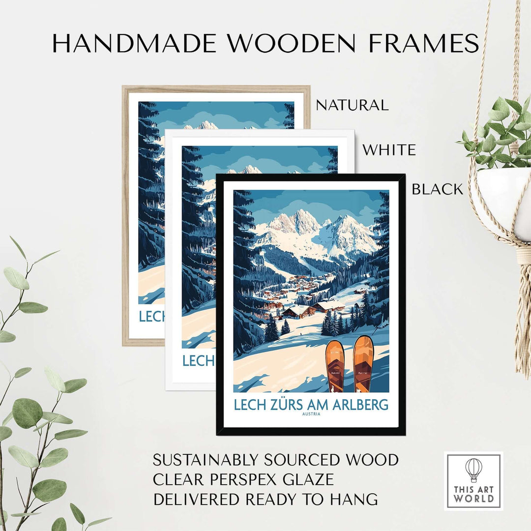 Handmade wooden frames in natural, white, and black showcasing Lech Zürs am Arlberg ski wall art. Sustainably sourced materials.