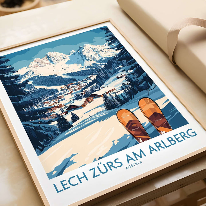 Lech Zürs am Arlberg ski wall art poster featuring snowy slopes and ski equipment, ideal for winter decor.