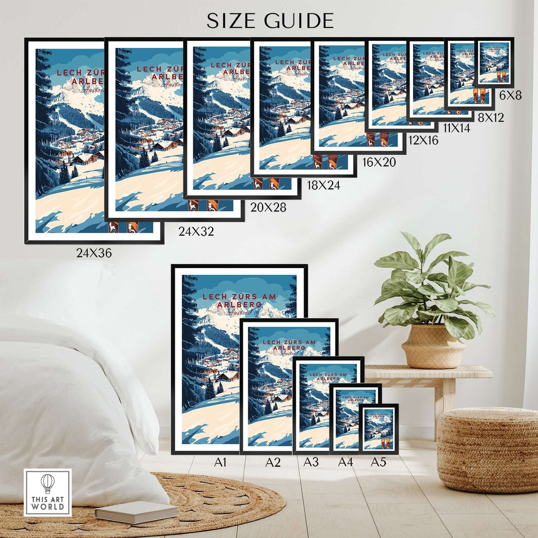 Size guide for Lech Zürs am Arlberg Ski Wall Art Print showcasing various frame sizes in a cozy interior setting.