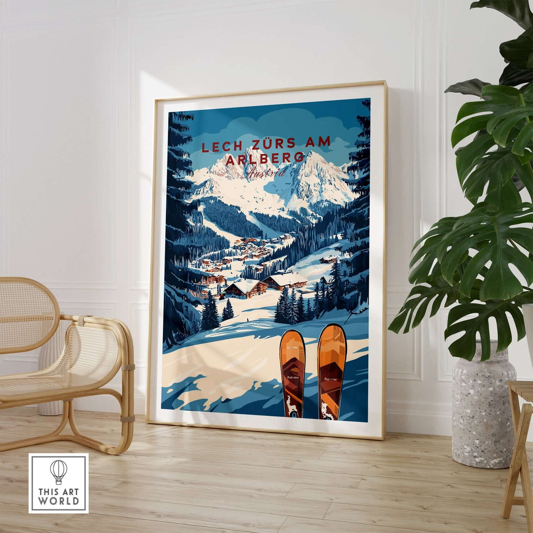 Lech Zürs am Arlberg ski wall art print showcasing vibrant mountain scenery and skis, perfect for home decor.