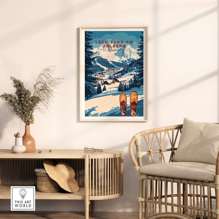 Lech Zürs am Arlberg ski wall art print displayed in a cozy living room setting with warm decor.