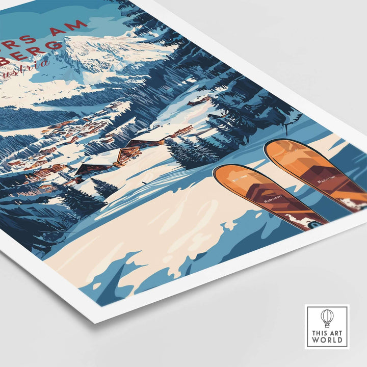 Lech Zürs am Arlberg ski wall art print featuring snowy mountains and skis, perfect for winter-themed decor.