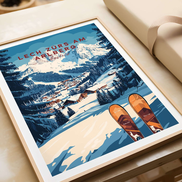 Lech Zürs am Arlberg ski wall art print featuring snowy mountains and ski equipment in a stylish frame.