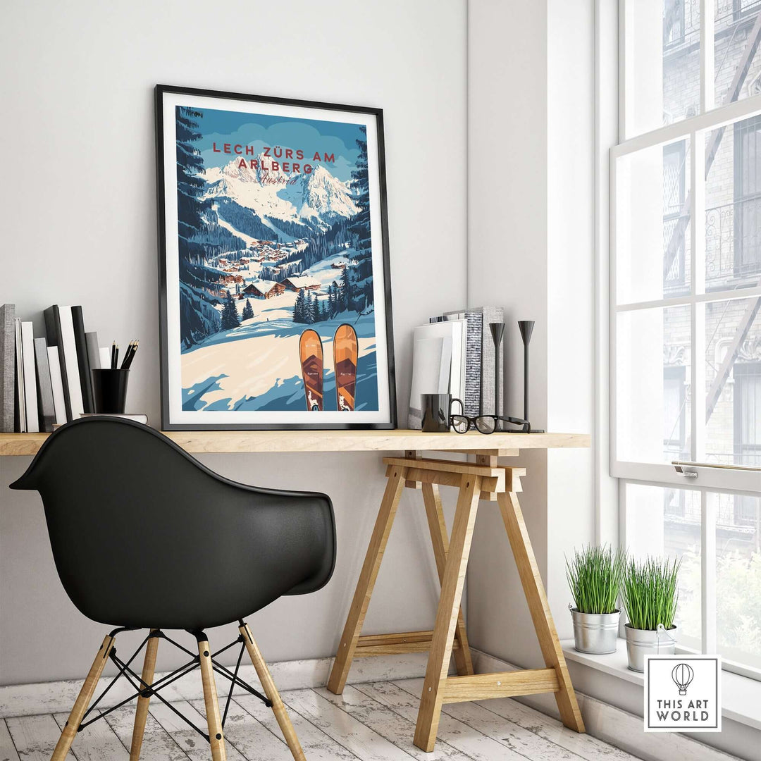 Lech Zürs am Arlberg ski wall art print displayed in a modern home office setting, showcasing winter sports beauty.