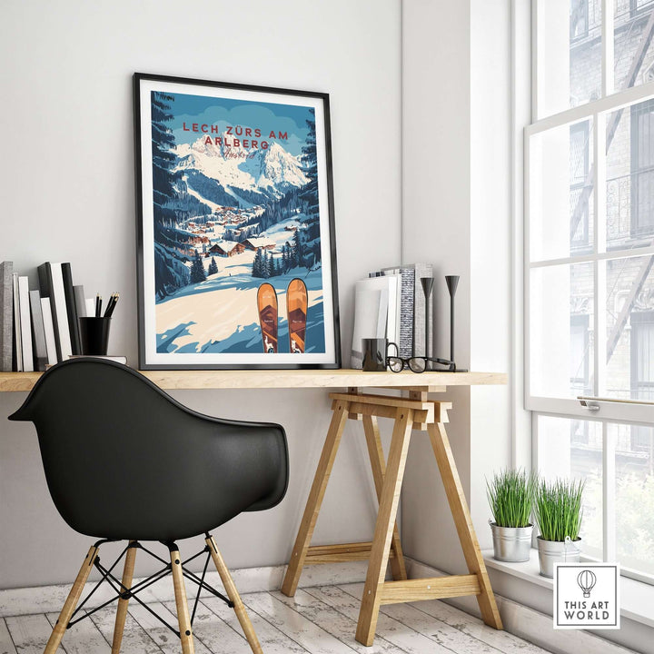 Lech Zürs am Arlberg ski wall art print displayed in a modern home office setting, showcasing winter sports beauty.